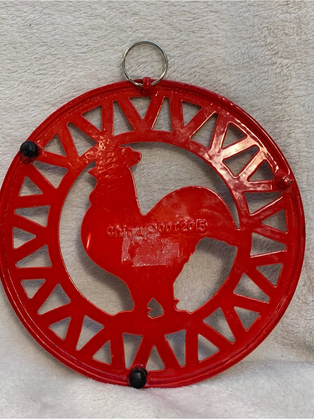 Enameled Cast Iron Red Rustic Rooster Trivet with Feet Farmhouse Decor